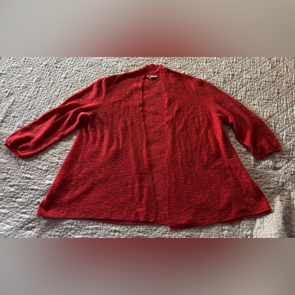 Eileen Fisher Open Front Cardigan Dark Coral Organic Linen & Cotton Slub Sz XL - Picture 2 of 7